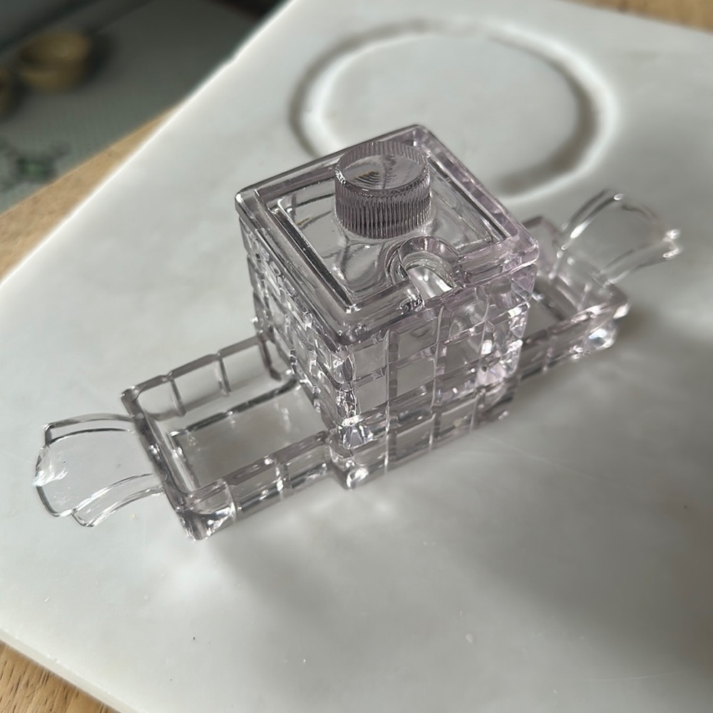 Partial condiment set by HEISEY, purple glass